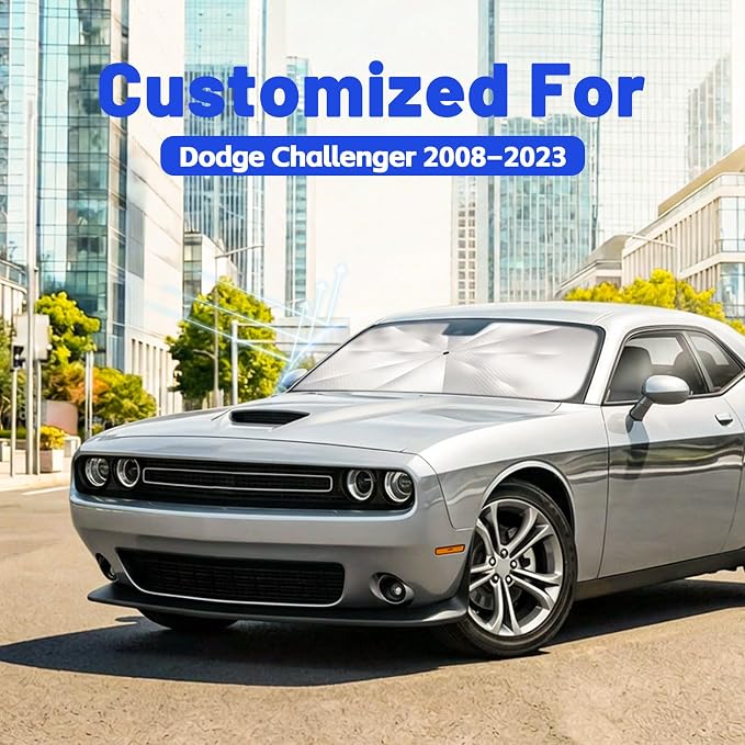 Car Windshield Sun Shade Umbrella for Dodge Challenger 2008-2023, 1:1 Fit | [Reflective Coated Fabric] Car Shades Sun Visor Keep Car Cool and Protects Interior, Sunshade Umbrella for Front Window - Image 2