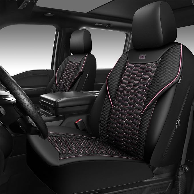 CAR PASS 3D Foam Mesh Leather Car Seat Covers Front Seats,Breathable Mesh Front Seat Covers for Women,Universal Fit for Cars SUV Truck Sedan Van Automotive, Armrest Airbag Compatible,Black and Pink by CARPASS