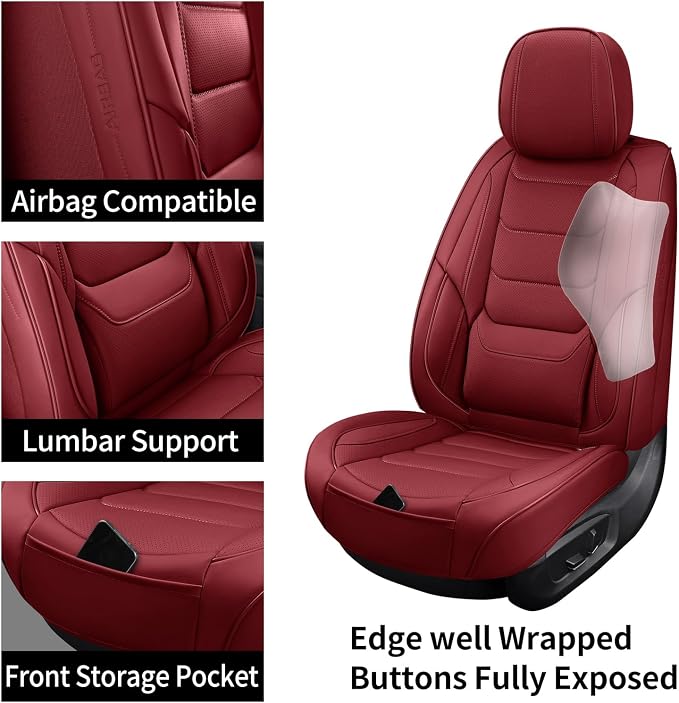 Leather Front Seat Covers for Cars Automotive Seat Protectors | Breathable Waterproof Durable Full Surround & Lumbar Support Design Non-Slip Universal Fit for Most Cars SUVs Trucks Vans Red - Image 4