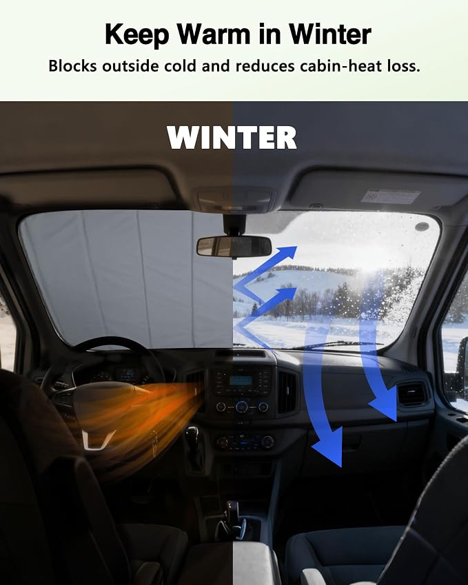 Insulated Windshield Cover Fit for Ford Transit Medium/High Roof | 150 250 350 2015-2025, Blackout Privacy & Thermal Insulation Van Front Windshield Shades, All-Season Van Life Camping, Gray - Image 6