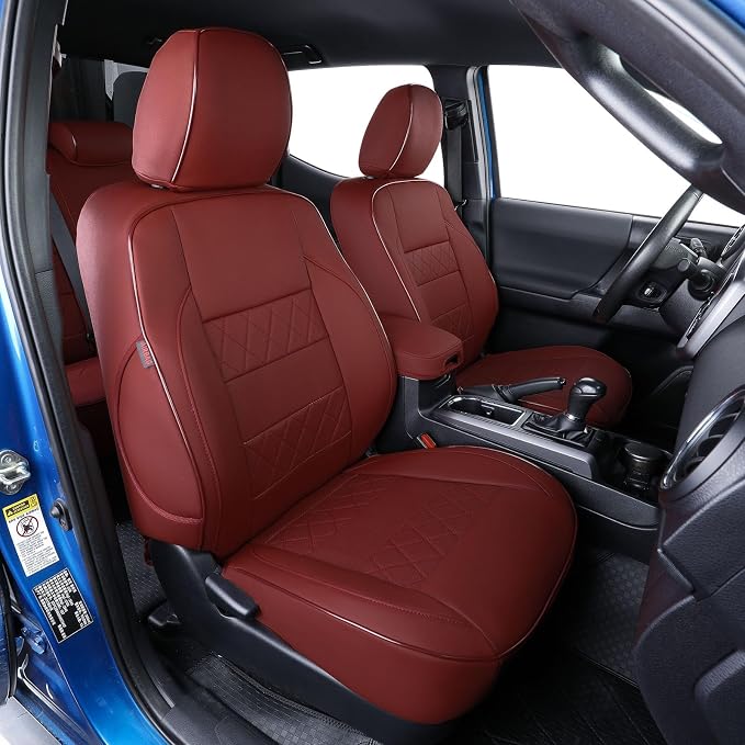 EKR Custom Fit Tacoma Leather Car Seat Covers for Toyota Tacoma 2012 2013 2014 2015 (TRD Sport Seats)- Full Set,Faux Leather(Burgundy) by EKR