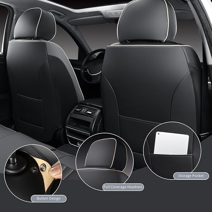 MINGBRON Leather Car Seat Covers 5 Pieces, Full Set Universal Seat Covers for Cars, Waterproof Nappa Leather Auto Seat Protectors, Black Car Seat Cover Most Sedans SUV Pick-up Truck Black&BeigeLine - Image 6