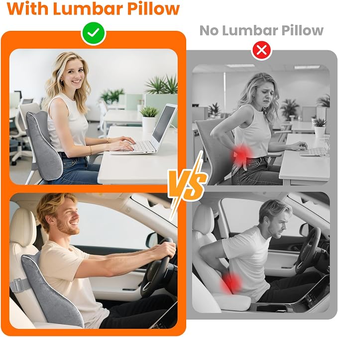 CloudBliss Lumbar Support Pillow, Memory Foam for Office, Light Gray | Ergonomic High-Density Memory Foam, Adjustable Straps, Washable Mesh Cover, Lower Back Support for Office, Gaming & Car Seat - Image 3