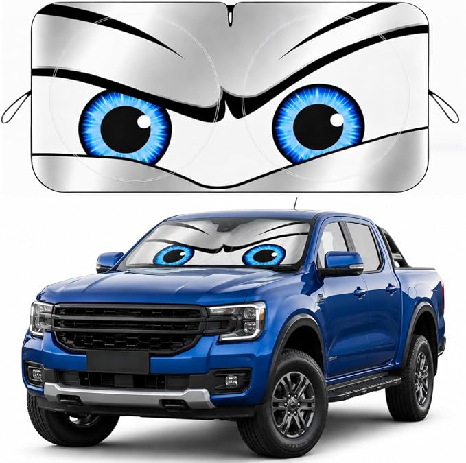 Car Windshield Sun Shade, Universal Fit Full-Size SUV Pickup, Sporty Silver | 63 x 33.86" Large Windshield Cover, Foldable Front Window Sunshade, UV Heat Blocker, Cute Eyes Series by eygeufg