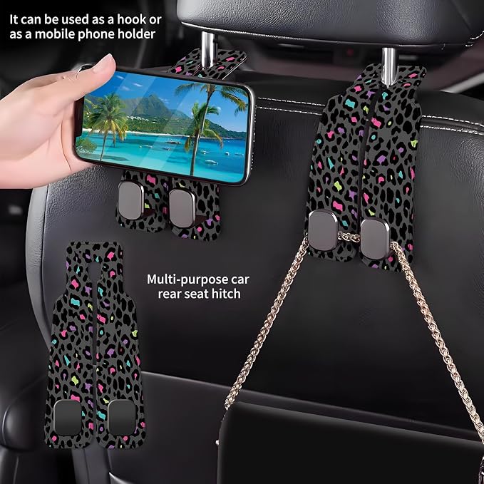 Car Seat Back Storage Headrest Hook, Premium Leather Double Metal Hook, Hanger Storage Organizer for Purse Cloth Bag, Car Interior Accessories Luxury Colorful Leopard - Image 2