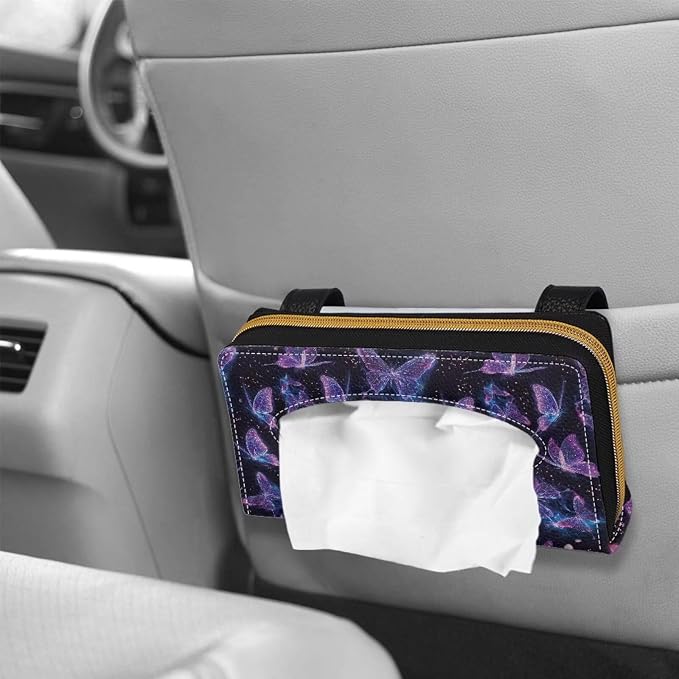 Biyejit 2 Pack Car Tissue Holder, Purple Butterfly Car Decorative Hanging Napkin Case, PU Leather Tissue Box for Car Sun Visor, Backseat - Image 4