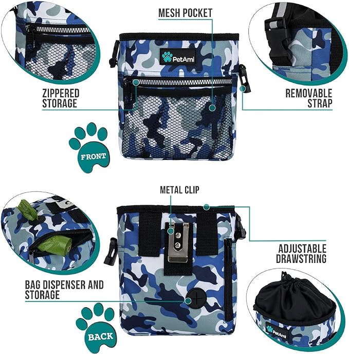 PetAmi Dog Treat Pouch, Pet Treat Pouch for Training, Dog Walking Bag Holder for Kibbles, Pet Food Toy, Dog Trainer Essentials Supplies, Poop Bag Dispenser, 3 Ways to Wear (Camo Blue) - Image 3