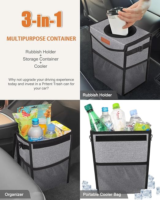 Pritent Car Trash Can with Lid Leakproof Car Garbage Bag Vehicle Trash Bin | Hanging Automotive Garbage Can,Multipurpose Car Accessories for Women Men Interior Car Storage Organizer(2.8 Gal,Grey) - Image 5