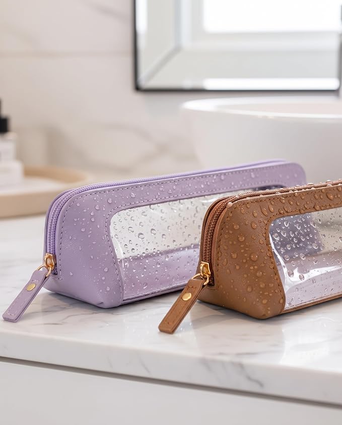 Makeup Bag Set Cosmetic Pouch for Women Waterproof PU Leather,Travel Toiletry Bag Cute Makeup Organizer Purse Pouch Preppy Pencil Case with Zipper (2Pack-Standard&Slim, Purple) - Image 7