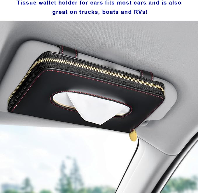 Car Tissue Holder, PU Leather Auto Sun Visor Tissue Case Napkin Holder with Zipper, Rectangular Mask Dispenser Hanging Paper Towel Organizer for Cars SUVs Trucks RVs (Black) - Image 5
