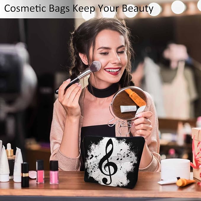 Music Notes Makeup Organizer Bag Cosmetic Bag For Men Women, Grunge Musical Notes Melody Black Travel Toiletry Bag Flax Makeup Bags Purse Business Makeup Pouch For Toiletries Cosmetics - Image 2