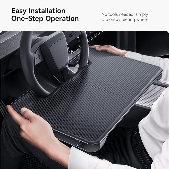 YONZEE 2-in-1 Car Steering Wheel Desk Tray & Car Seat Gap Filler Organizer – Foldable Carbon Fiber Look Table for Laptop, Eating Food, Writing – for Standard Round Steering Wheels - Image 4