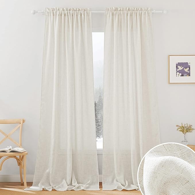 RYB HOME Long Curtains 95 inches Long for Farmhouse | Semi Sheer Linen Curtains for Living Room Bedroom, Light Filtering Semi Transparent, Rod Pocket, W34 x L95, Set of 2 by RYBHOME