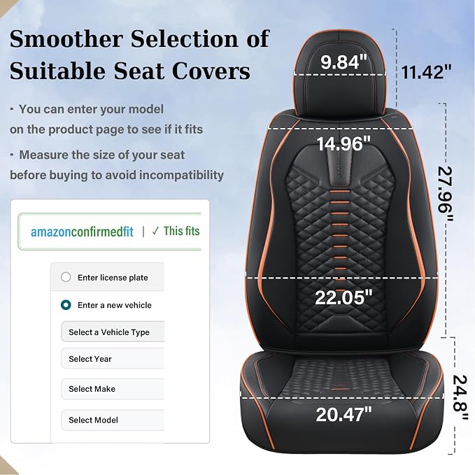 Coverado Leather Seat Covers, Car Seat Covers Full Set, Nappa Leather Seat Covers for Cars, Car Seat Protectors Waterproof, 5 Seats Black&Orange Automotive Seat Covers Fit for Most Cars Trucks - Image 8