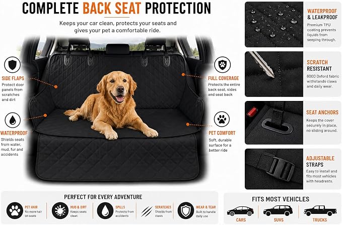 Back Seat Cover for Dogs, Dog Car Seat Cover, 100% Waterproof Dog Hammock with Side Flaps, Non-Slip Pet Seat Protector, Heavy Duty Oxford Fabric, Fits Cars, SUVs & Trucks - Image 6