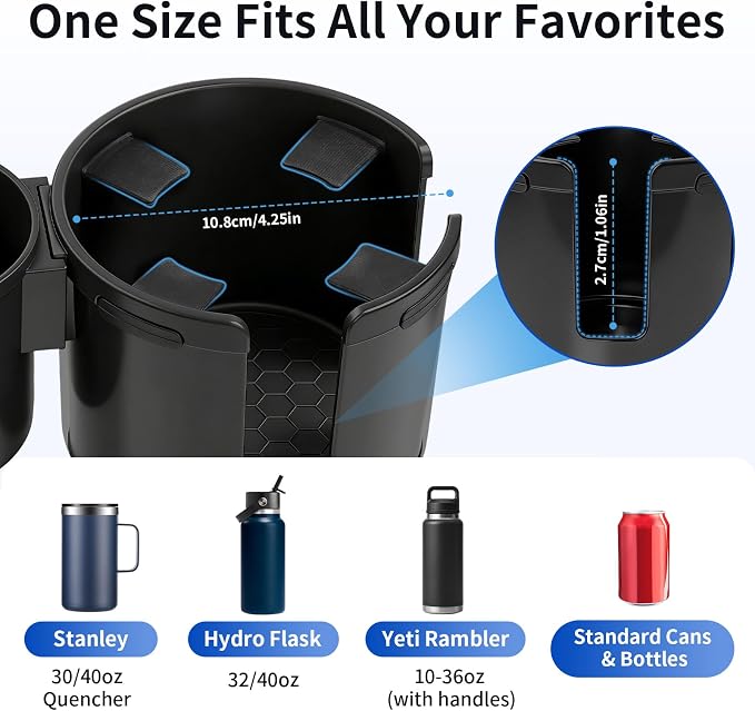 Car Cup Holder Expander W/Offset Adapter, 2-in-1 Cup Holder Extender for Large Bottles up to 4.3", Adjustable Base Fits Stanley, Hydro Flask, Yeti, Universal Car Cup Holder for Most Vehicles - Image 2