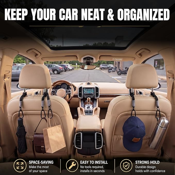 BBTO 8 Pack Car Headrest hooks 360° Rotating Braided Heavy Duty Backseat Organizer Hangers with Straps Clip Purse Holder Fit Most Vehicles Shopping Trash Bags Backpacks Umbrellas Black - Image 2