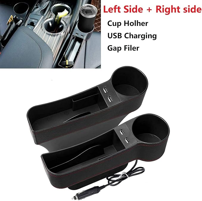 Car Seat Gap Organizer,Premium Console Side Pocket with 2 USB Charging,Leather Storage Box,Multifunctional with Dual USB Charging,Cup Holder,Car Seat Gap Filler,for Cellphones Wallet Coin Key (2 Pack) - Image 2