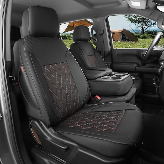 Silverado Seat Covers for 2014-2018 Chevy Silverado/GMC Sierra 1500/HD 2500/3500 CrewCab Pickup Seat Cover,Fully Covered,Waterproof Truck Leather Seat Protector(Full Set,Black/Red) by Coverdream