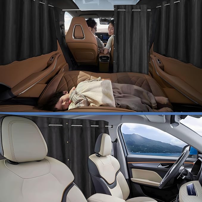 XCBYT 3-Pack Car Privacy Curtains, Rigid Rod Blackout Set | 1 divider & 2 window curtains block 99% light for camping/naps. Measure B-pillar width first; rigid rod not fit narrow car - Image 7
