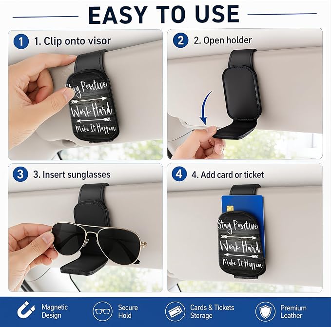 Leather Magnetic Sunglass Holder for Car Sun Visor, Cute Eyeglass Ticket Card Hanger Clip, Universal Auto Interior Accessories for SUV Pickup Truck, Motivation Quote - Image 5