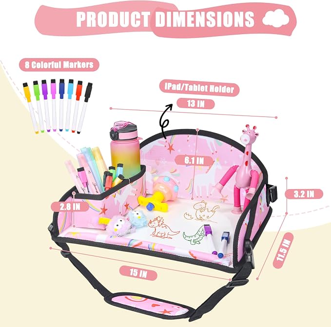 Kids Travel Tray for Car Airplane - Car Seat Tray for Kids Travel, Toddler Carseat Lap Table, Road Trip Essentials, Lap Desk for Kid Roadtrip Activities, Pink Unicorn - Image 6