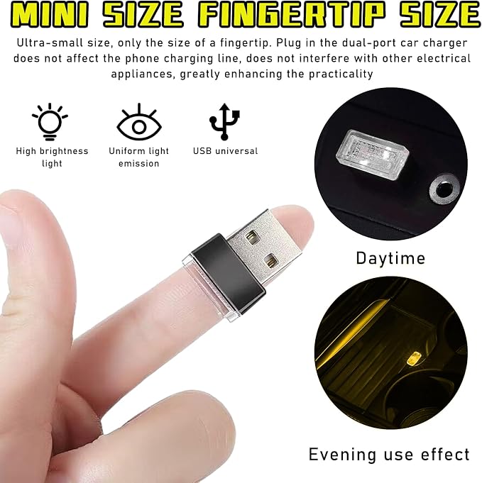 Augeny 4 PCS USB LED Car Interior Atmosphere Lamp, Plug-in USB Decor Night Light, Portable Auto Ambient Lighting Kit, Universal Vehicle Interior Accessories for Most Cars (Yellow) - Image 5