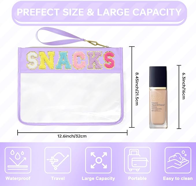 Siwara Snack Bags Clear Pouch Travel Makeup Bag Chenille Letter Bags for Zipper Pouch Clear Cosmetic Bag Clearly Tote Bag Makeup Travel Bags for Women - Image 2
