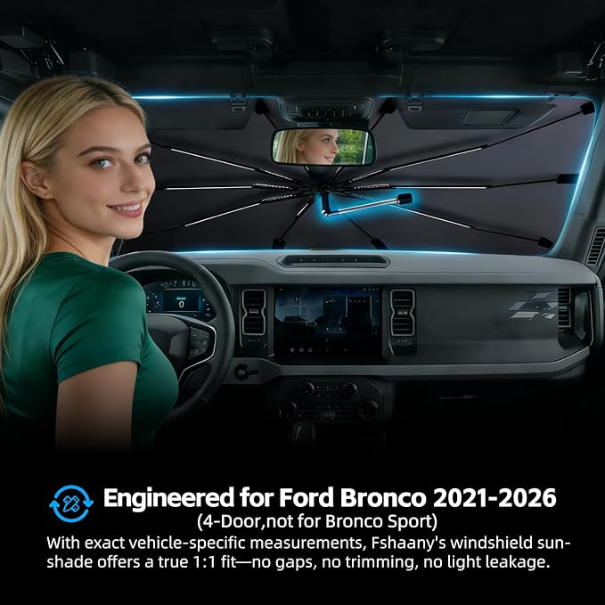 Windshield Sun Shade Umbrella for Ford Bronco(4 Dr, not for Sport)2021-2026 | Heat-Reflective Window Shade, Umbrella Sunshade Cover Blocks Heat, Protects Interior, Vehicle-Specific Precision Fit - Image 2