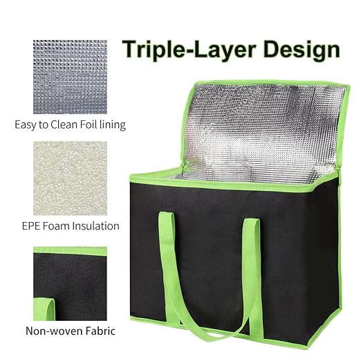 Bodaon 2-Pack Insulated Reusable Grocery Shopping Bags, X-Large Black-Green | Cooler Bag Top Cold/Warmer, Heavy Duty Insulated Pizza/Food Delivery Bag, For Commercial Catering Rideshare Driver, Picnic - Image 5