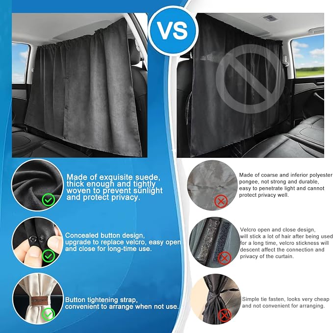 Car Divider Privacy Curtain, Blackout Suede Sun Shade Cover Front & Rear Seat Partition Space Divider Auto Van Truck Interior Accessories for Family Camping Baby Sleeping (Black, Large) - Image 2