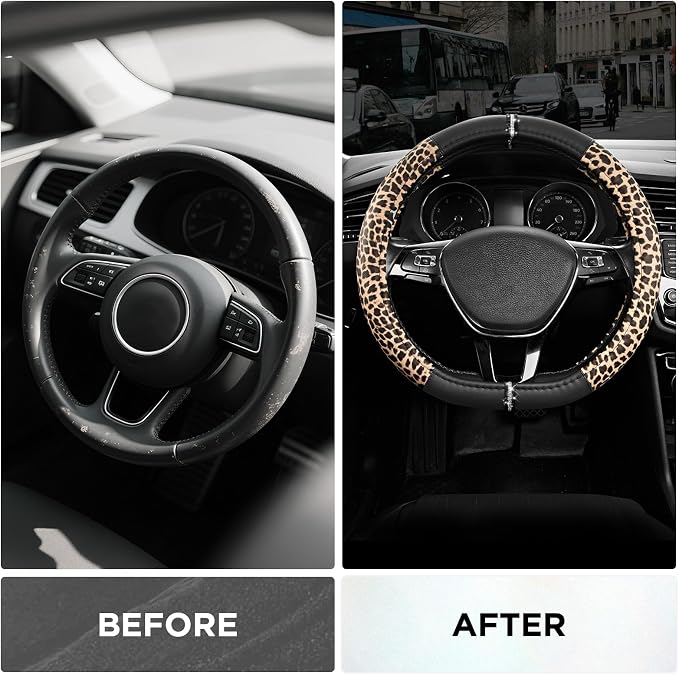 Road Comforts Leopard Steering Wheel Cover for Women, Cute Anti-Slip Microfiber Leather, Fits D Shape Flat Bottom Steering Wheel 14.5-15 Inch - Black - Image 3