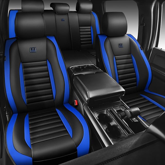 CAR PASS Nappa Leather Car Seat Covers Full Set, Luxury Seat Protector for Cars, Waterproof Anti-Slip Seat Cushion Armrest Compatible Airbag Universal for Sedan SUV Pick-up Truck Auto, Black Blue - Image 6