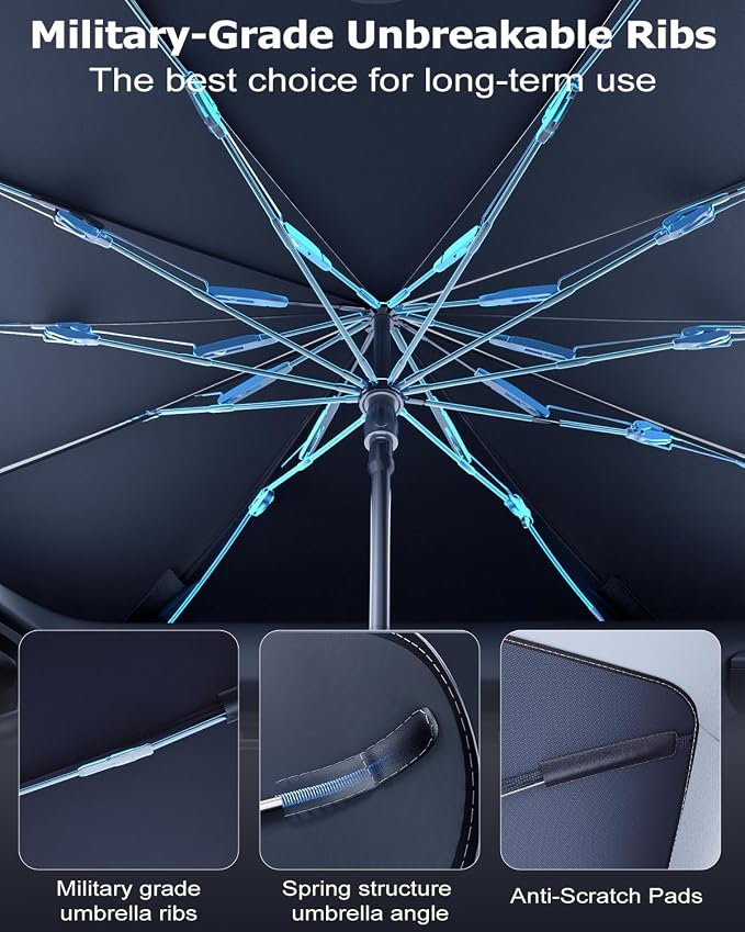 DMJN Umbrella Windshield Sun Shade for Tesla New Model Y Juniper, Y & 3 (2016-2026), Car Sunshade for Front Windshield [Nano Ice-Crystal Coatings] UPF50+ Heat & UV Block, Protect Interior & Keep Cool - Image 7