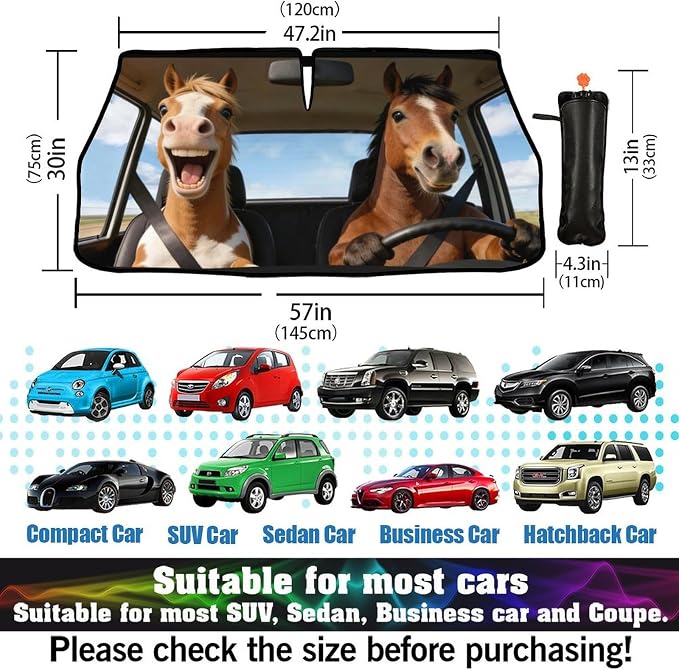 Horse Car Windshield Sun Shade Umbrella Bendable Handle Foldable Funny Horse Animal Driving Sunshade for Car Windshield Block UV Rays Keep Vehicle Cool for Most Sedans SUV Trucks 57"x30" - Image 3