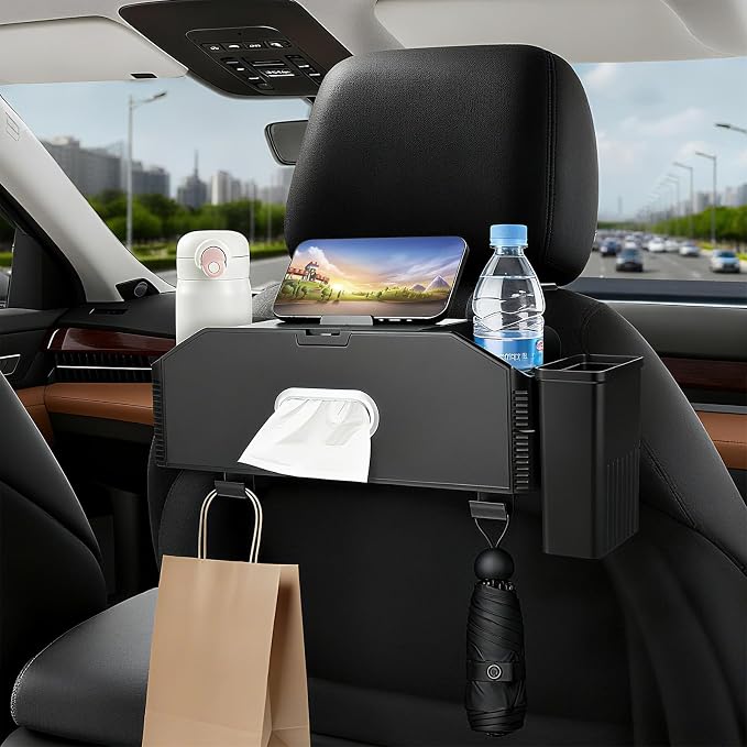 7-In-1 Car Seat Back Organizer with Cup Holders, Tissue Box, Removable Trash Can & Hooks, Multifunctional Car Seat Back Storage Box, Extra Headrest Cup Holder for Backseat (Black02) by Hiitytin