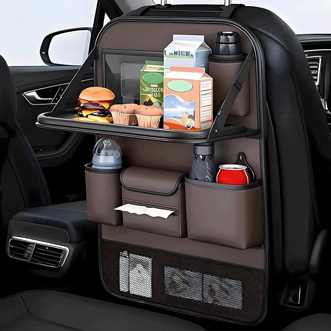 Universal Foldable Car Backseat Organizer with Table Tray, Car Seat Back Protector with Touch Screen Phone Holder, Premium Leather Kick Mats with Storage Pockets Tissue Holder (Brown) by FASTAGEI