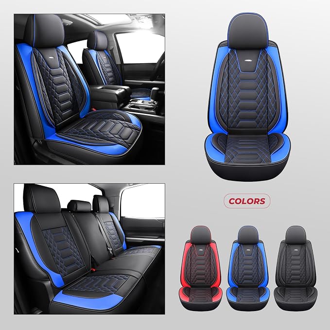 FREESOO for Toyota Tundra Seat Covers 2007-2021 Crewmax Cab 2 Front Set | 2pcs, Custom Fit, Airbag Compatible, Premium Waterproof Leather, for Truck Toyota Tundra Accessories, BlackBlue - Image 5