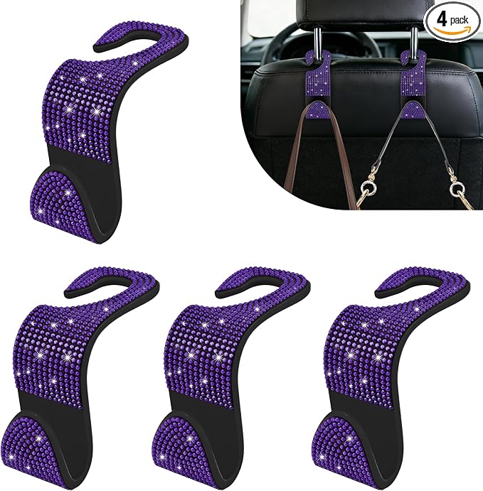 4PCS Bling Car Seat Headrest Hooks, Purse Holder for Car, Vehicle Back Seat Purse Handbag Hanging Holder with Crystal Rhinestone, Diamond Car Rear Seat Organizer for Vehicles (Purple) by Unknown