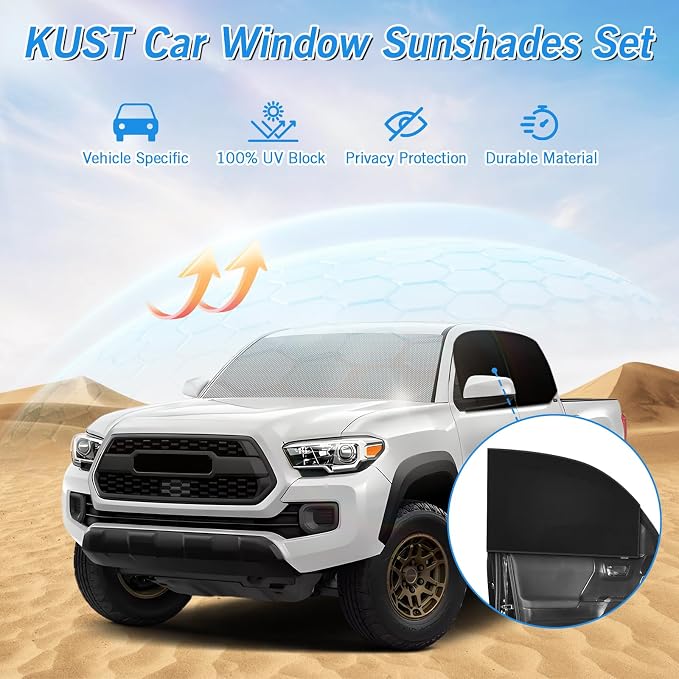 KUST Windshield Sun Shade Umbrella for Toyota Tacoma Double Cab 2016 2017 2018 2019 2020 2021 2022 2023 Rear Window Shades 100% UV Protection and Blackout Privacy 5PCS Car Window Covers Accessories - Image 2