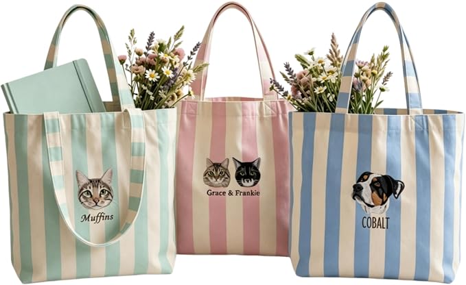 Custom Embroidered Pet Portrait Striped Tote Bag Personalized Dog Cat Mom Gift with Name Large Canvas Beach Shopping Tote for Women Reusable Summer Shoulder Bag by CRAFFBASE