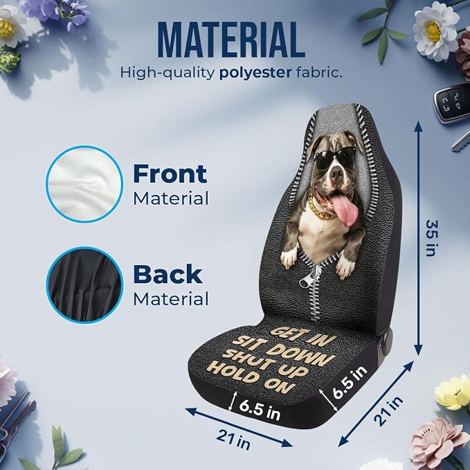 GENANY Funny Pitbull Car Seat Covers, 2-Piece Front Seat Set | 2-piece polyester front seat cover set, each 35 x 21 x 21 inches, with adjustable straps and hooks - Image 4