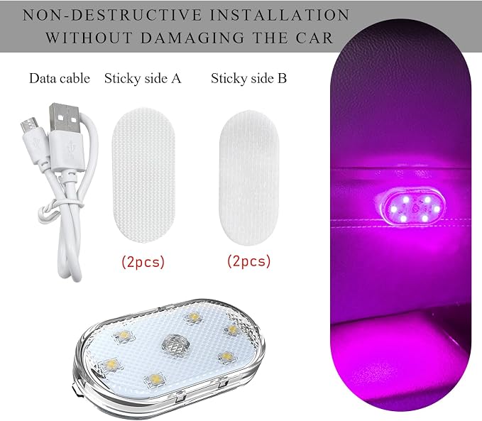Wevdn 2 PCS Car LED Lights Interior Wireless, Sticky Car Ambient Lighting with 6 Bright LED Lamp Beads, Portable USB Rechargeable Vehicle Interior Led Night Light for Car (Pink) - Image 3