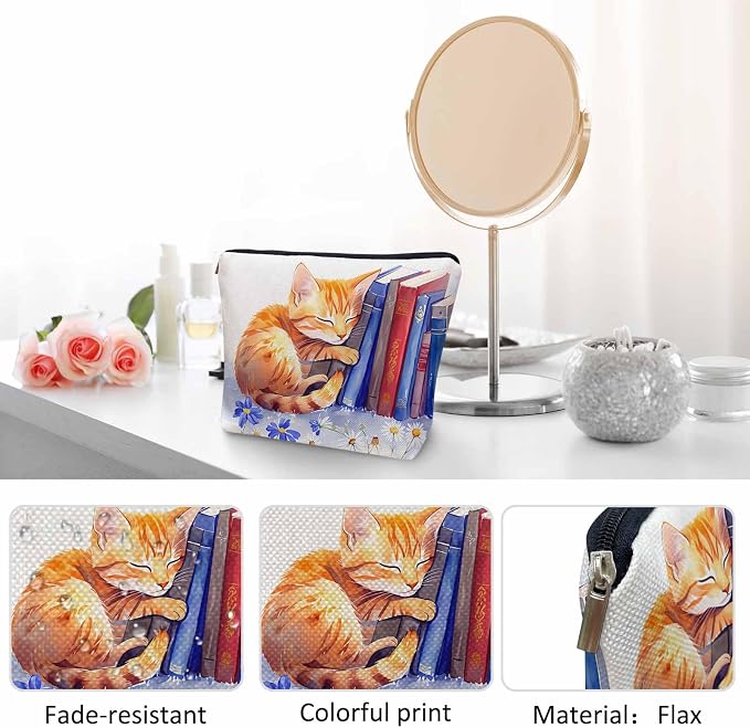 Cat Cosmetic Travel Bag For Toiletries, Funny Cat Kitten Sleep Floral Library Bookshelf Makeup Bag Toiletry Bags For Women, Flax Cosmetic Bags Make Up Bag Purse Toiletries Bag Birthday Gift - Image 5