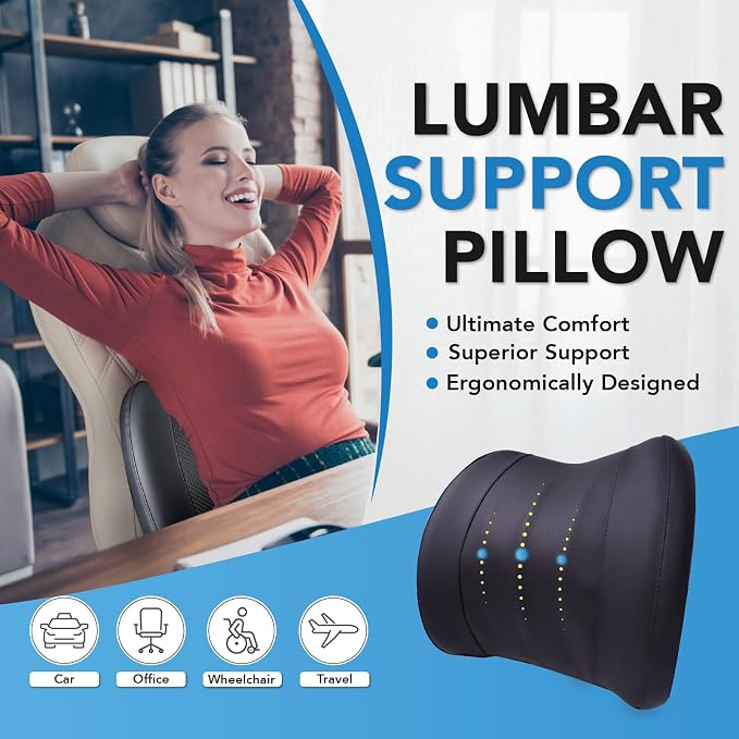 Lofty Aim Lumbar Support Pillow for Car, Car Seat Back Support for Driving | Memory Foam Car Lumbar Support for Driving Seat, Car Back Cushion, Adjustable Straps, Lower Back Pillow, PU Leather, Black - Image 2