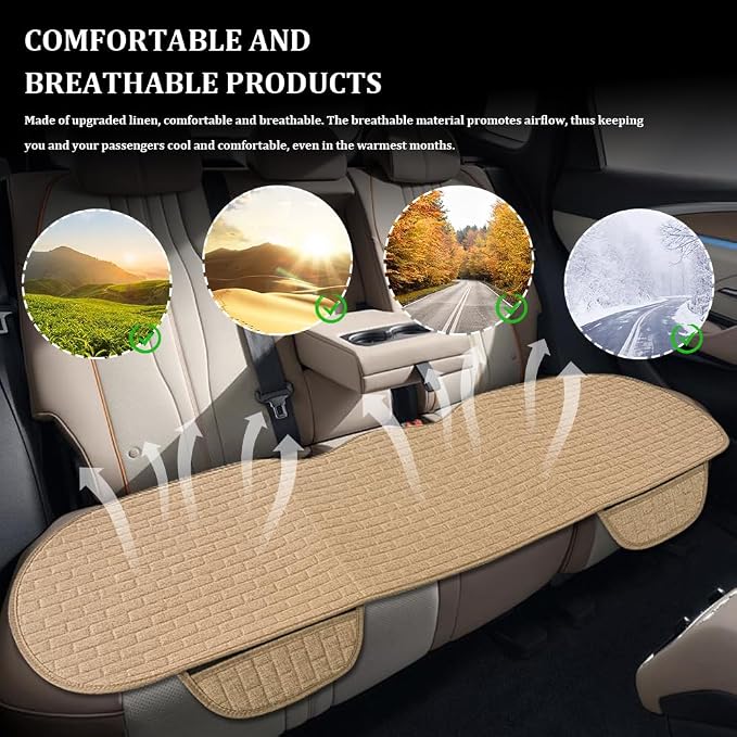 Linen Car Back Seat Cover, Car Seat Bottom Covers Protectors, Anti-Slip Automotive Long Rear Seat Protectors with Storage Pocket, Seats Back Protector for Most Vehicles (Rear Seat/Beige) - Image 6