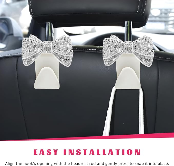 2 PCS Bling Car Headreat Hook, Crystal Rhinestone Bow Hanger Multifunctional Rear Seats Storage Organizer, Vehicle Sparkling Diamond Seat Headrest Hooks for Handbag Purse Coat (White) - Image 4