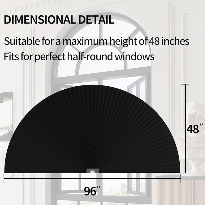 Myshade Arch Window Shades Half Circle Blackout Cellular Shades Cordless No Drill Blinds for Windows Half Moon Honeycomb Fabric No Tools Room Darkening Shades Easy Install (1PCS Black 96" W X 48" H) - Image 3