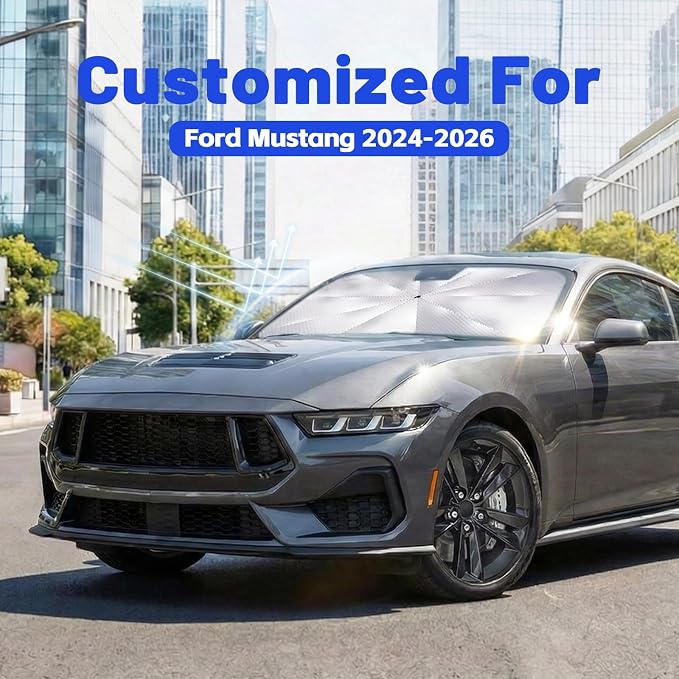Car Windshield Sun Shade Umbrella for Ford Mustang 2024-2026, 1:1 Fit | [Reflective Coated Fabric] Car Shades Sun Visor Keep Car Cool and Protects Interior, Sunshade Umbrella for Front Window - Image 2