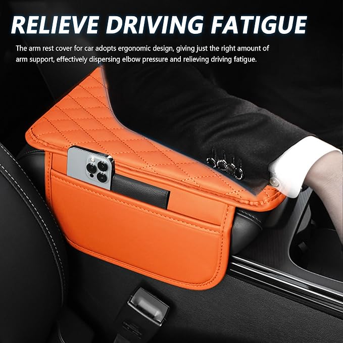 Stacool Upgraded Car Center Console Cover,Microfiber Leather Car Armrest Cover Cushion with 2 Storage Bags,Universal Car Armrest Storage Box (Orange) - Image 4